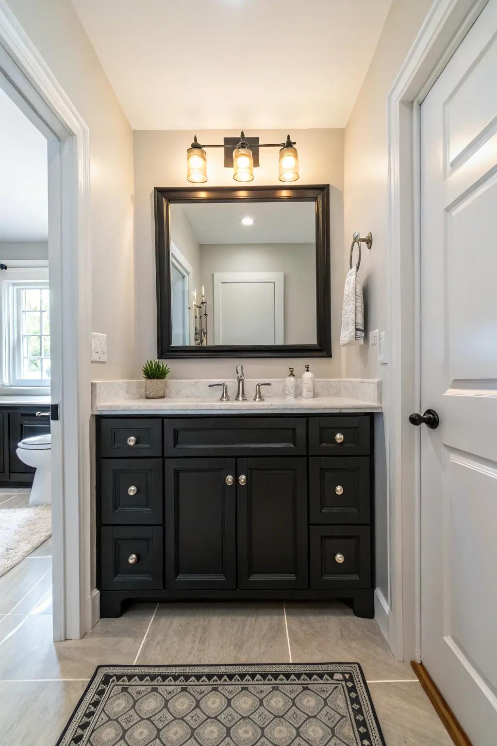 Pale floors provide a perfect counterpoint to the boldness of a dark sink console.