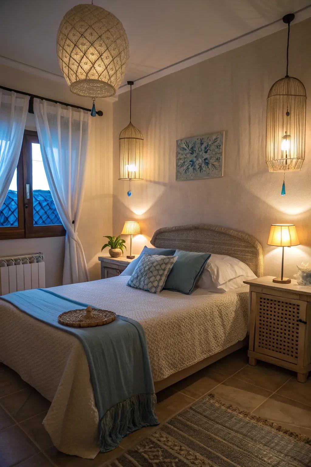 Soft lighting in beige and azure improves the inviting atmosphere of the space.