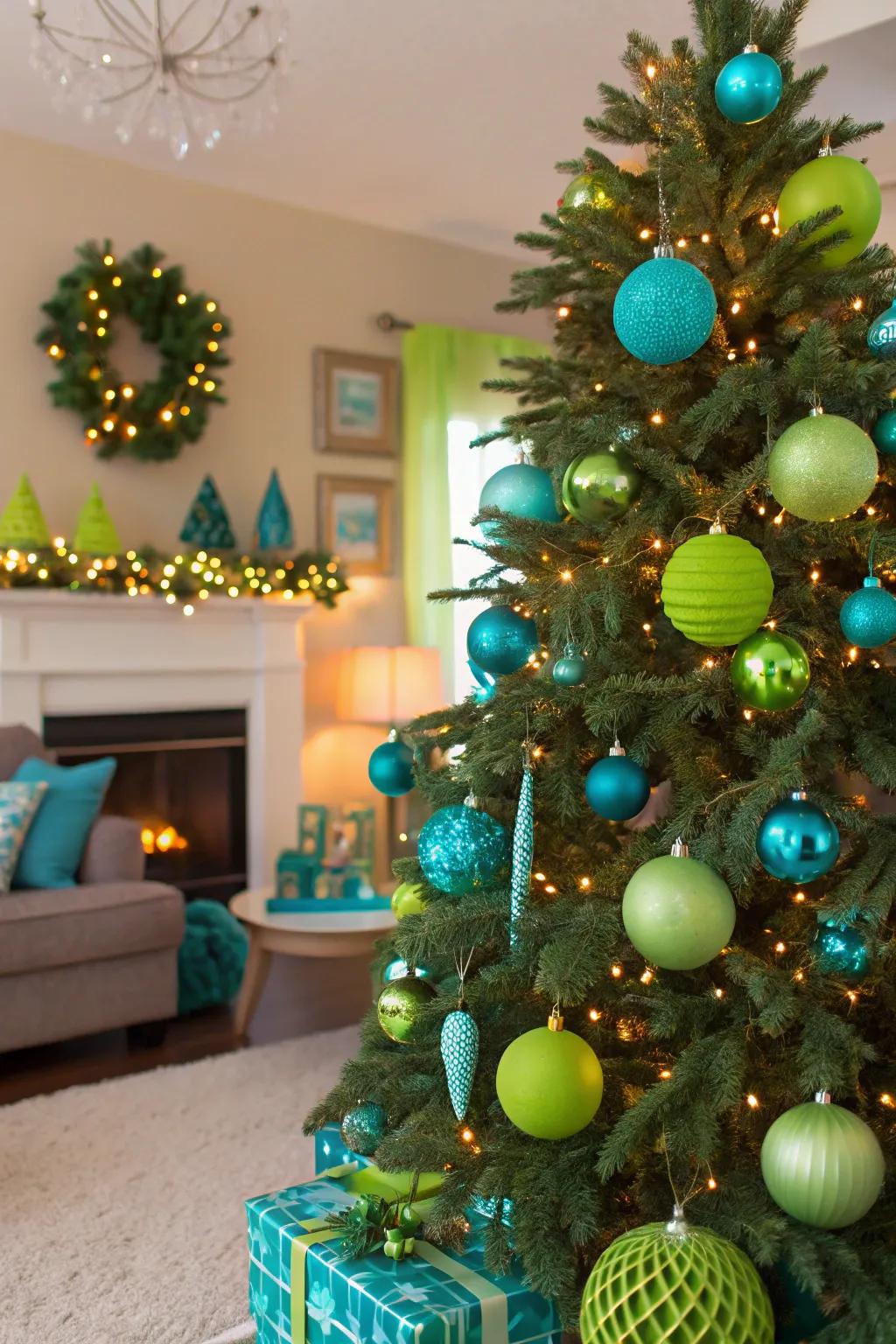A radiant turquoise and lime green tree radiating vitality into your festive décor.