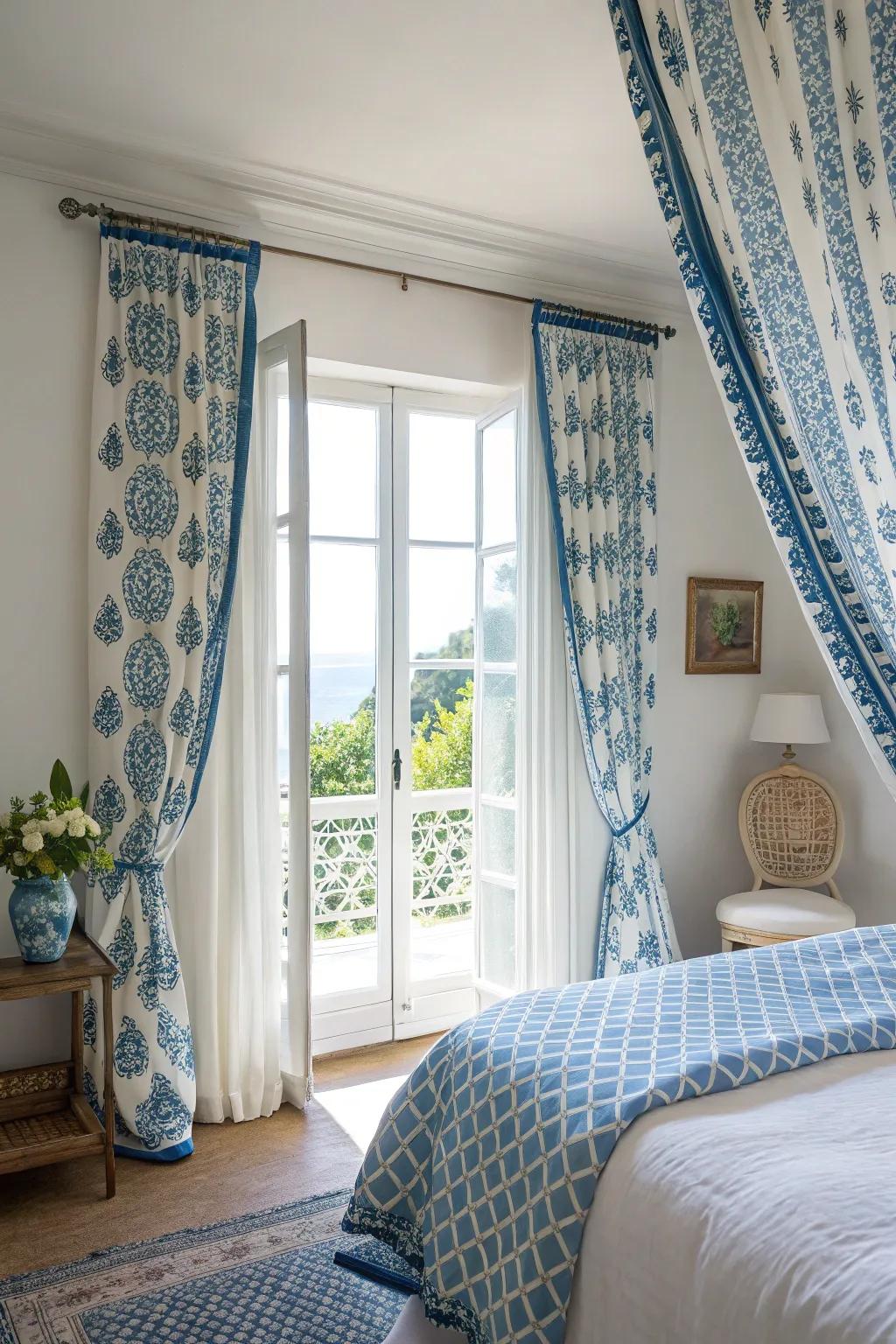 Patterned blue and white curtains enhance style and functionality in the bedroom.