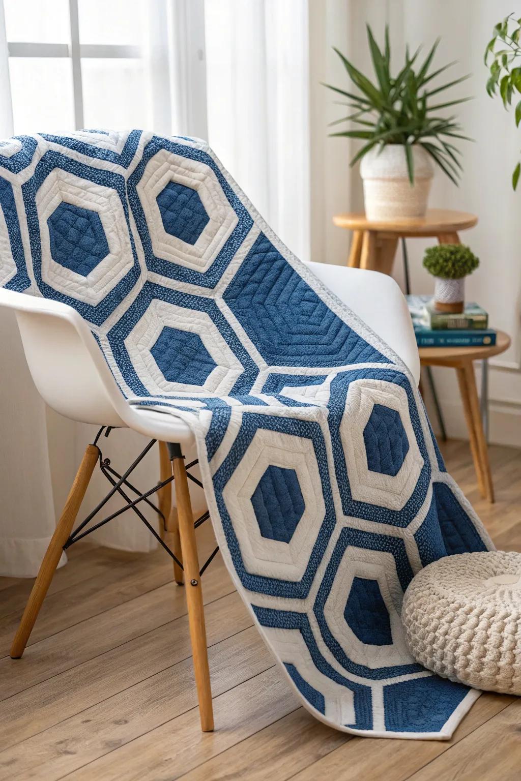 Uncover the enchantment of modern geometric quilts featuring bold blue and white designs.