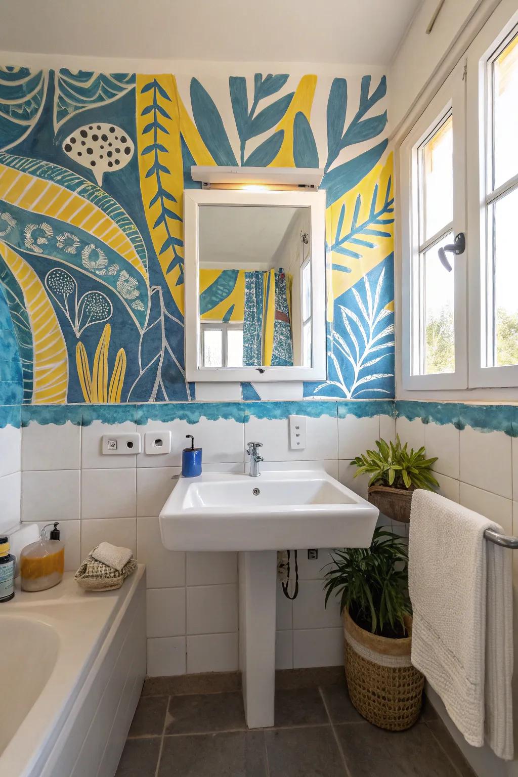 Conceptual decor imparts a personal touch to a blue and yellow bathroom.