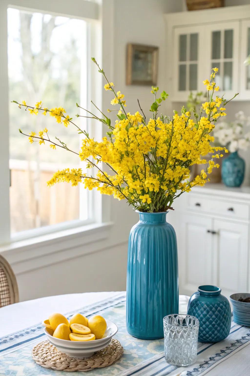 A sea-toned vase brimming with lemon blooms, adding a hint of freshness to the room.