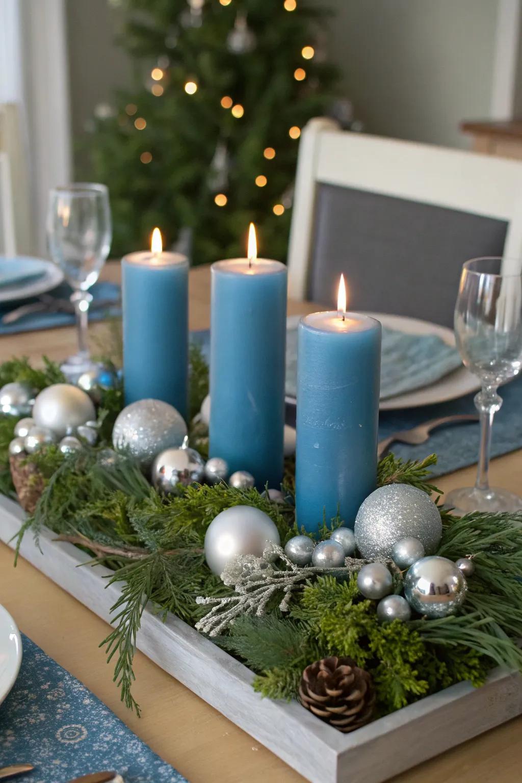 An exquisite core display showcasing argent and blue for Christmas