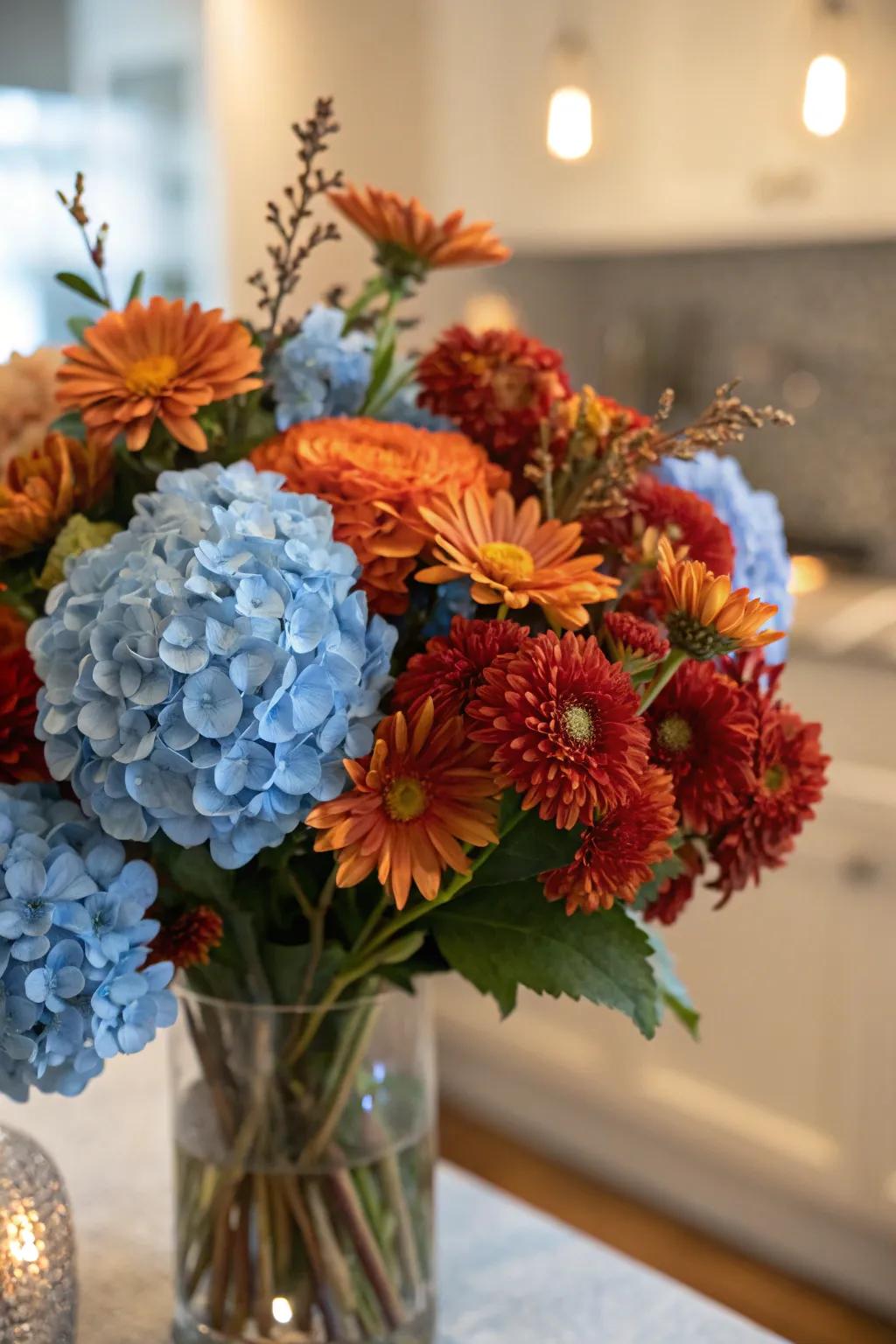 A distinctive floral arrangement blending azure and autumnal elements.