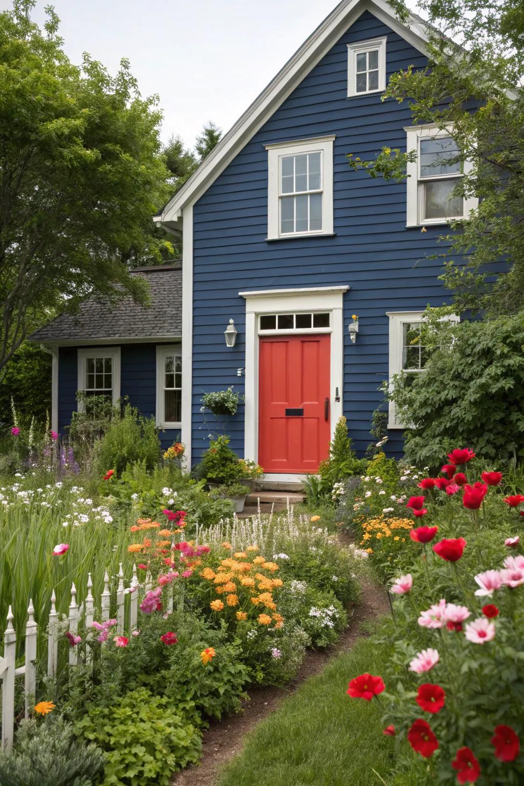 A bold front door color stands out against blue siding.