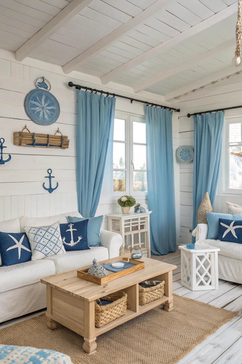 Blue and white evoke a refreshing coastal vibe in this welcoming living room.
