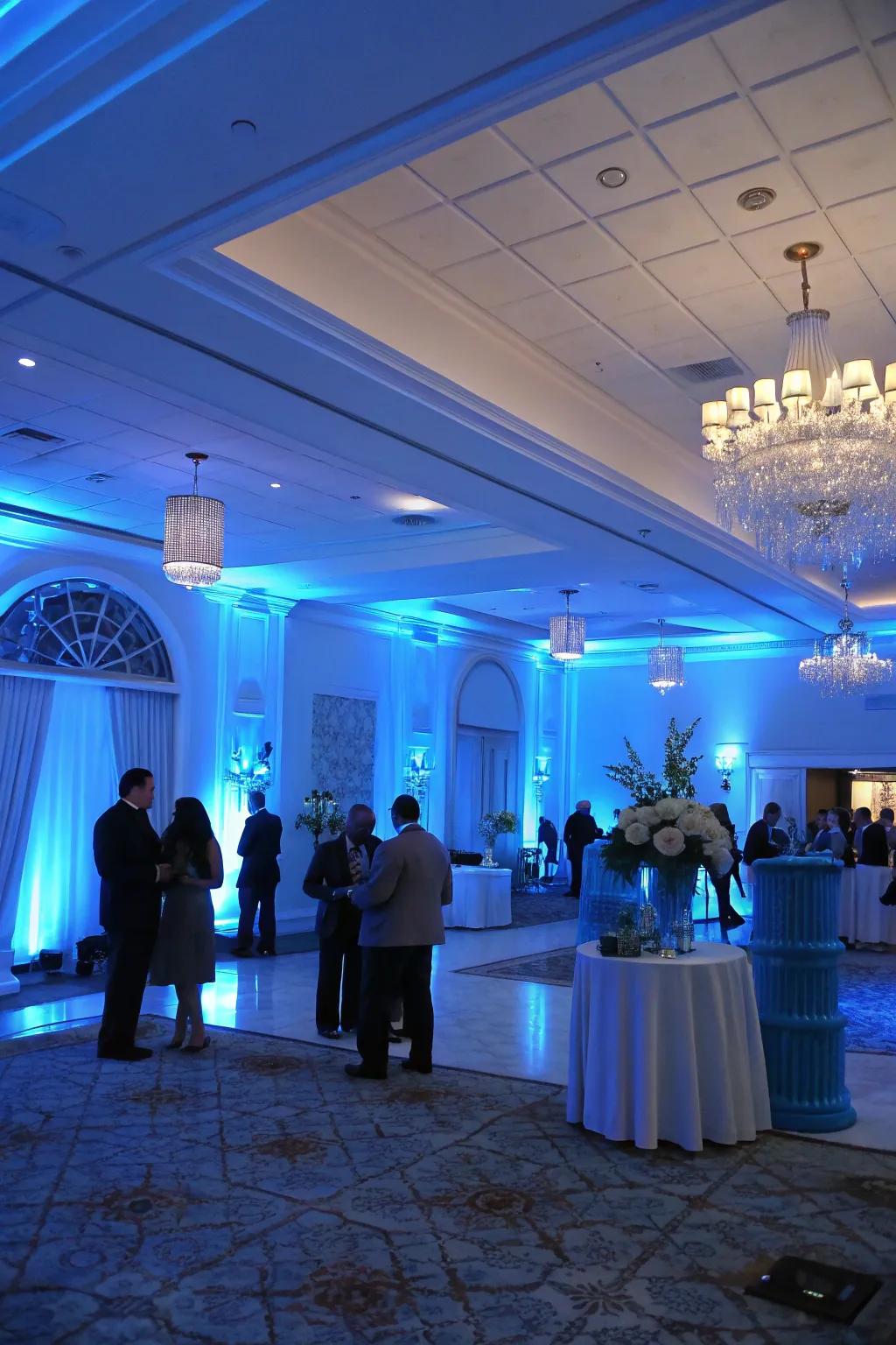 Azure lighting casts a tranquil and magical glow across the celebration.