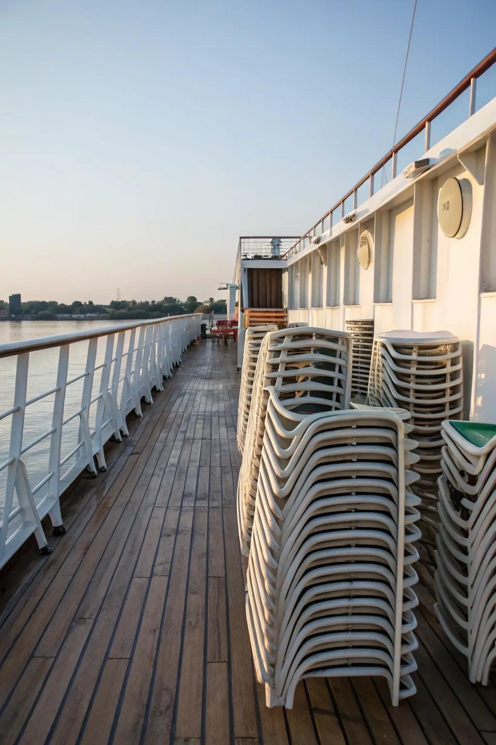 Stackable chairs neatly stowed away on a boat's deck.