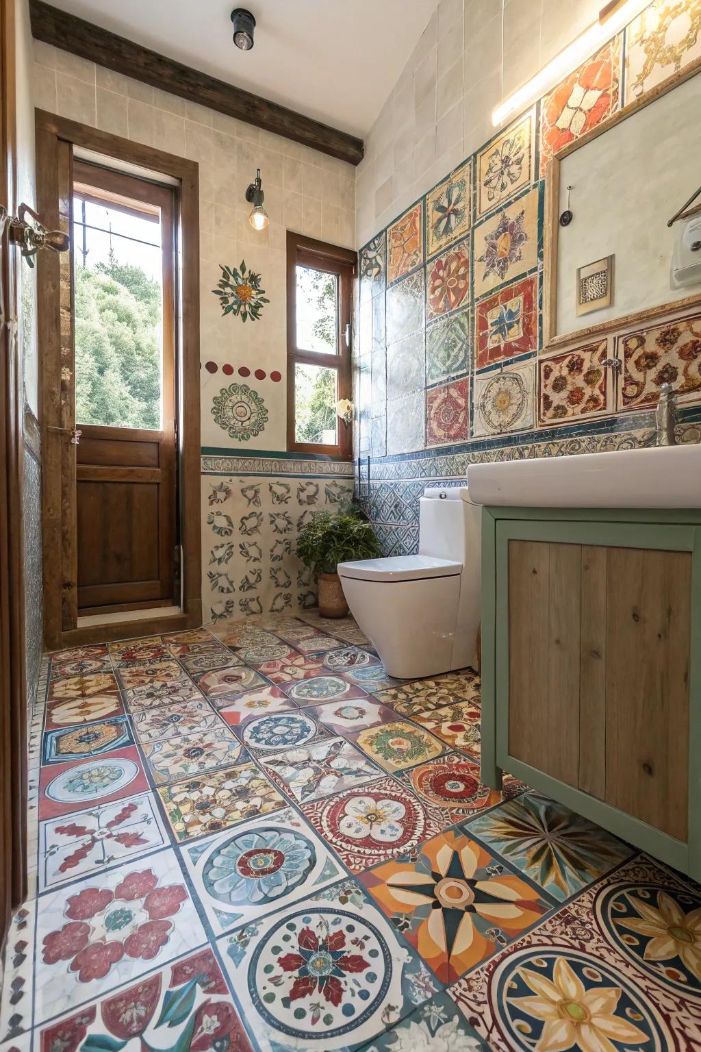 A striking boho bathroom with a blend of varied tile patterns.