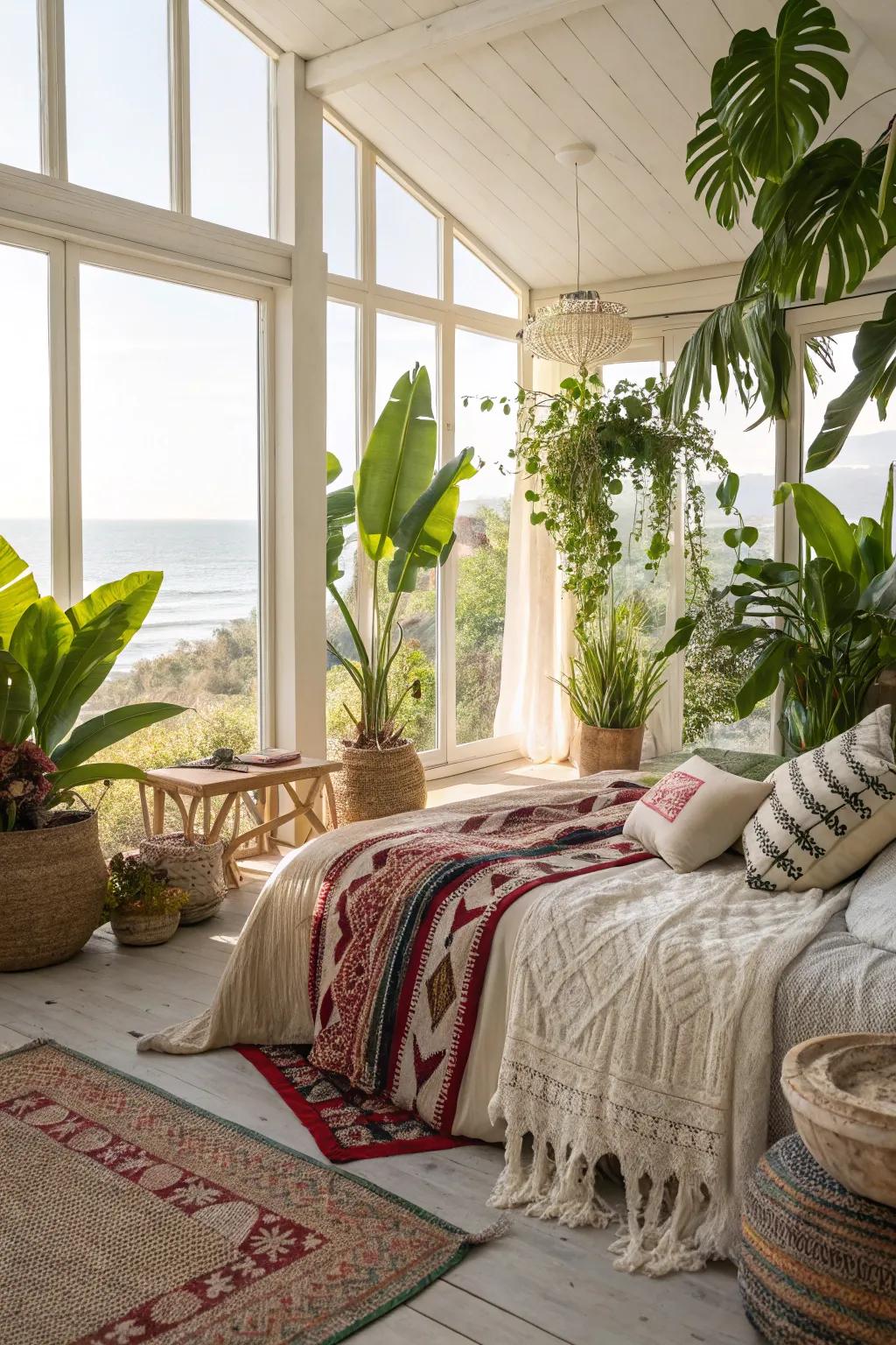 The natural, beachy ambiance is enhanced by house plants.