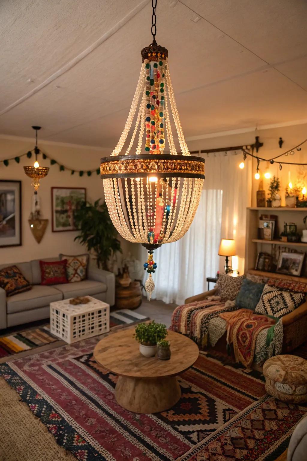 A beaded pendant acts as a centerpiece in a bohemian living room.