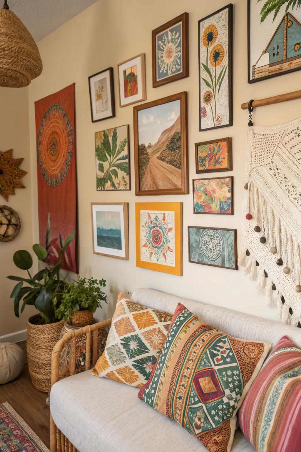 A gallery wall that showcases the versatility and charm of boho paintings.