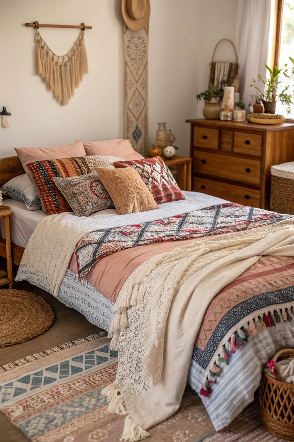 Layered weaves heighten the comforting factor in a bohemian room.