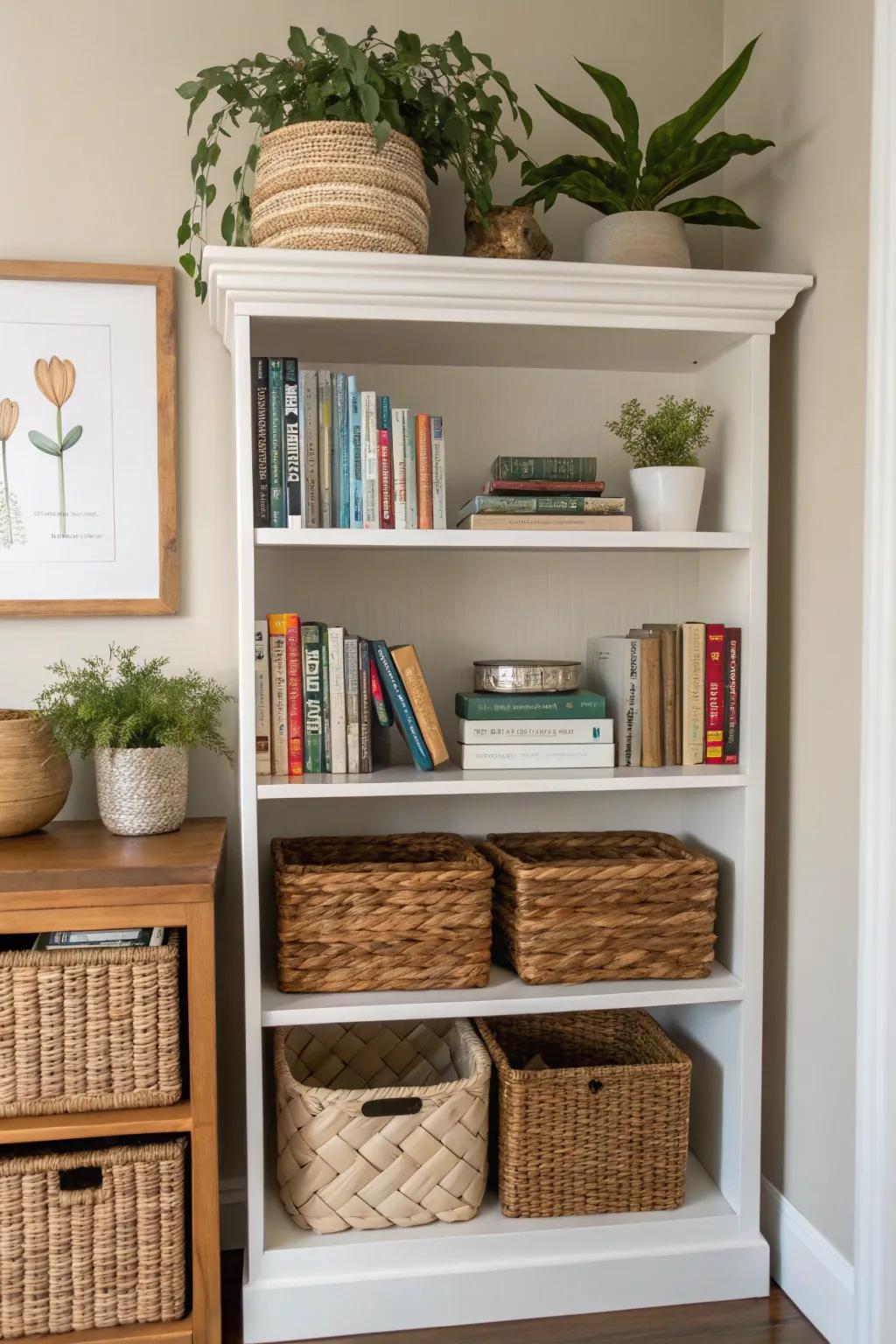 Baskets enhance both flair and organizing functionality for a bookshelf.