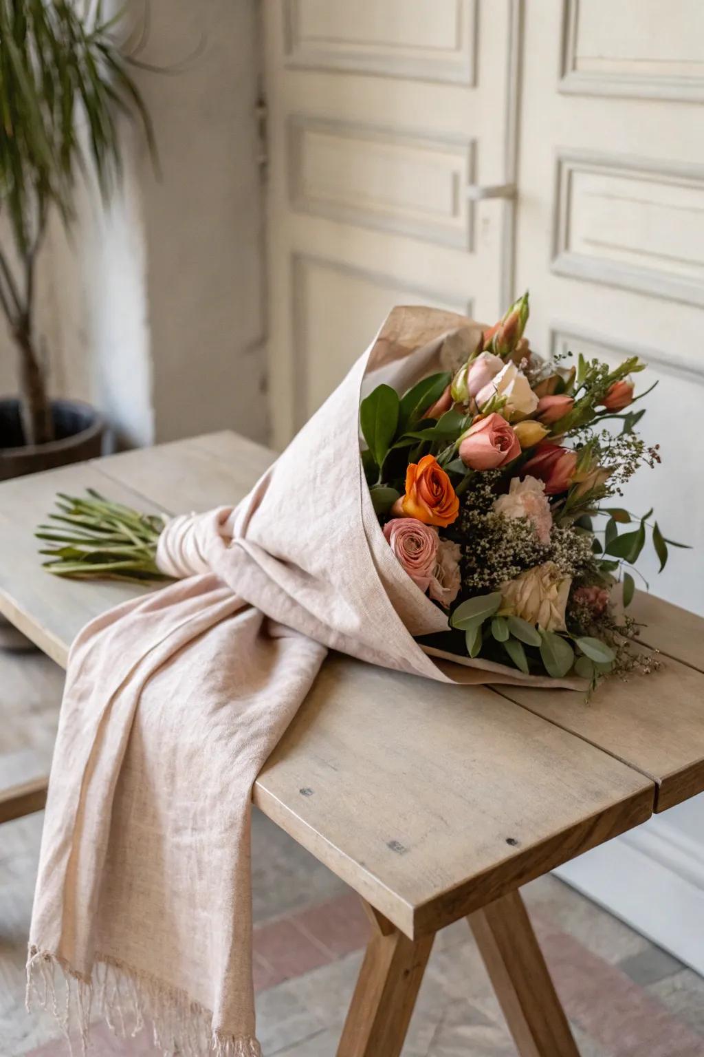 Envelop your flowers in gentle elegance with textile remnants for a touch of luxury and simplicity. 🌿✨ #ScandiBoho #FloralCraft