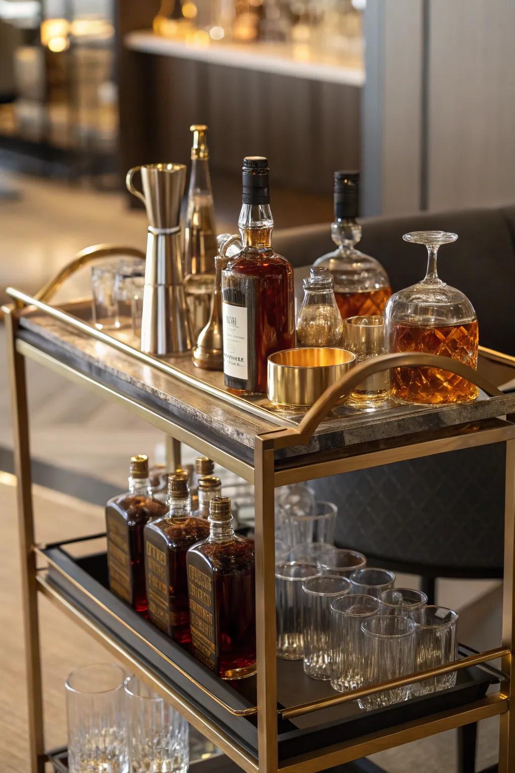 A customized bar cart offers a flexible bourbon display solution.