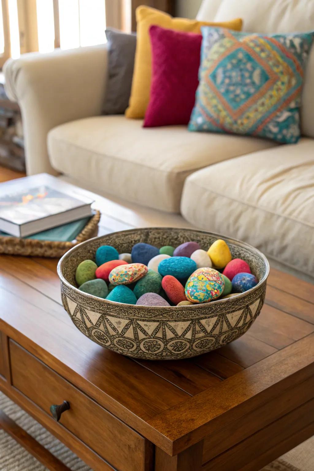 A decorative bowl showing an array of painted stones