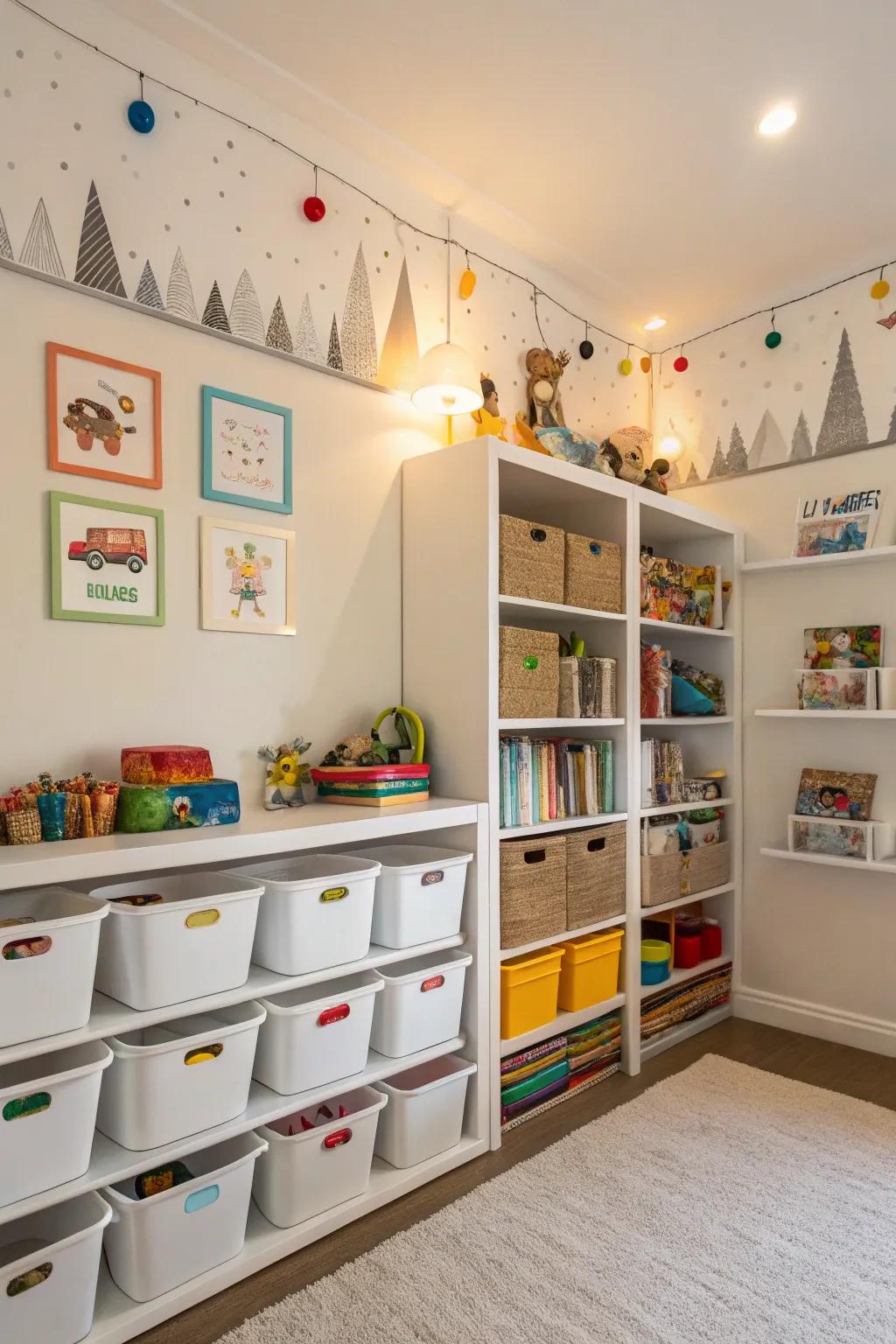 Upright storage solutions keep the room organized and maximize space.