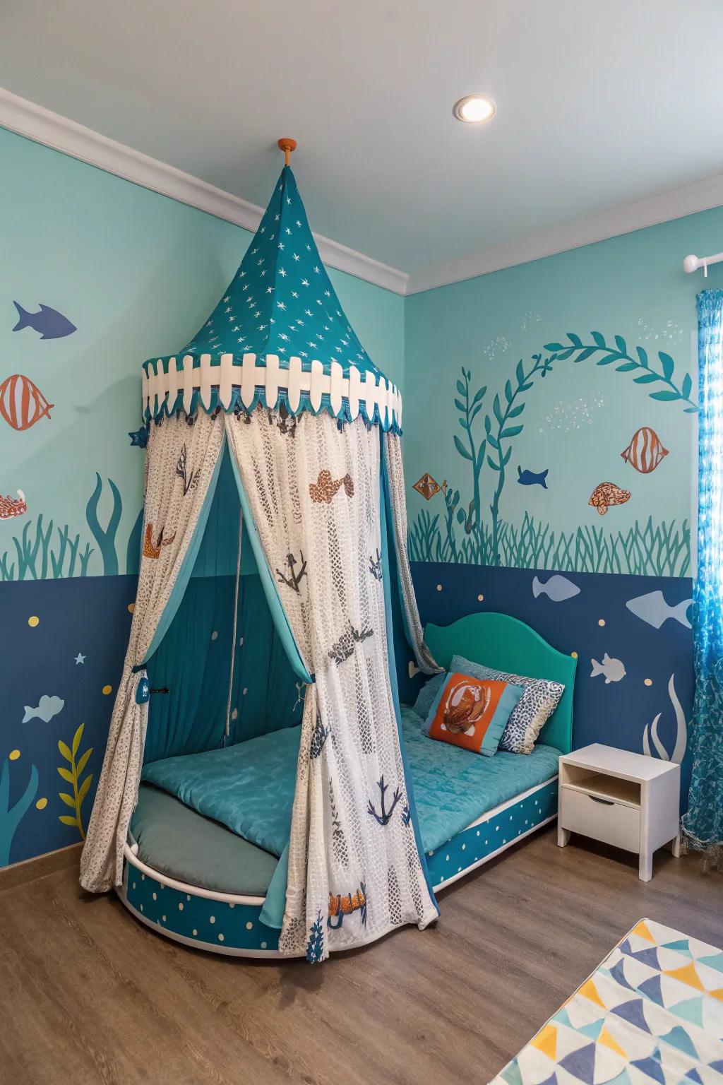 Float into dreamland through an undersea-themed four-poster bed.