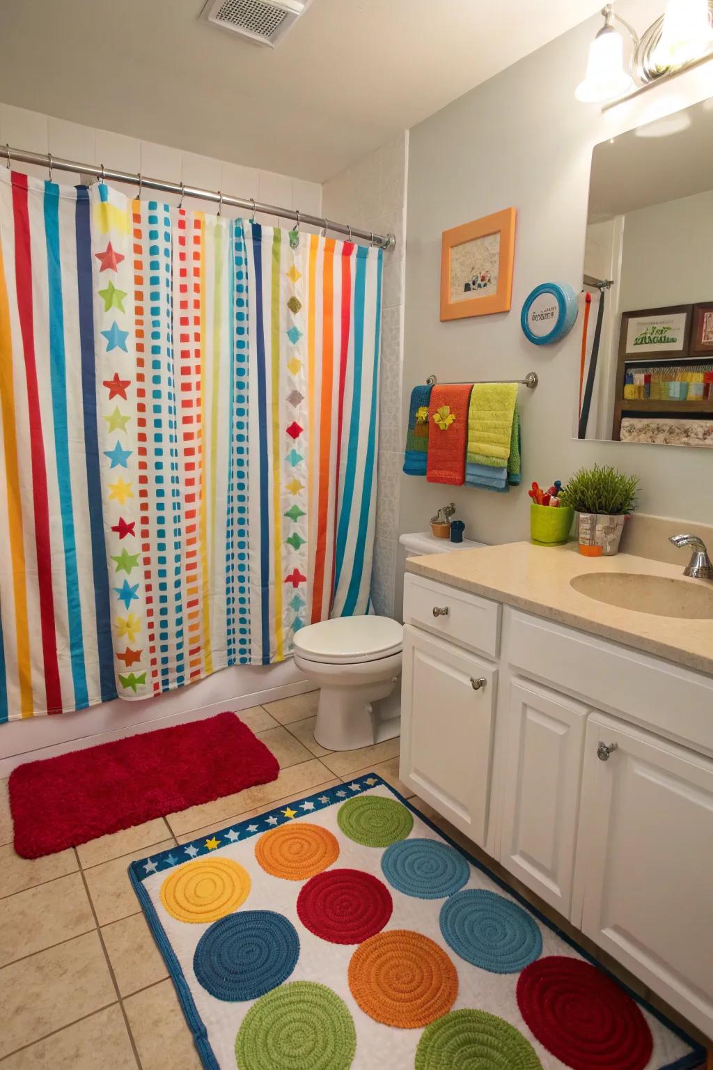 Striated textiles enrich the texture of a boys' bathroom.