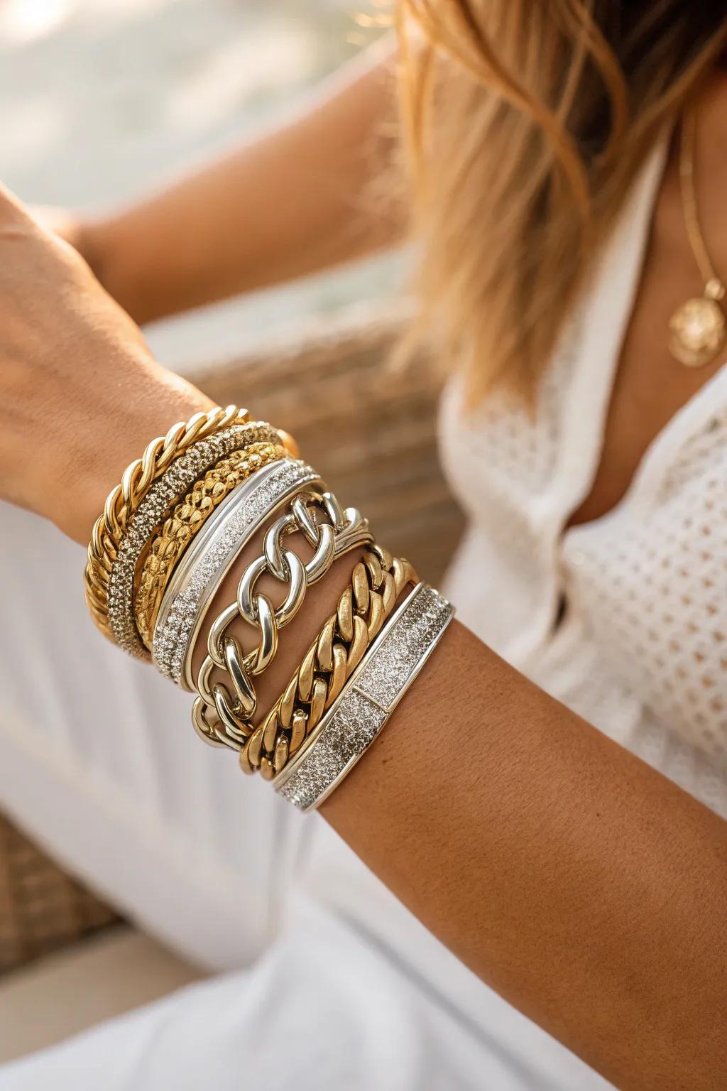 Transform your style with a bold, beautiful bangle arrangement for an unforgettable evening presence.