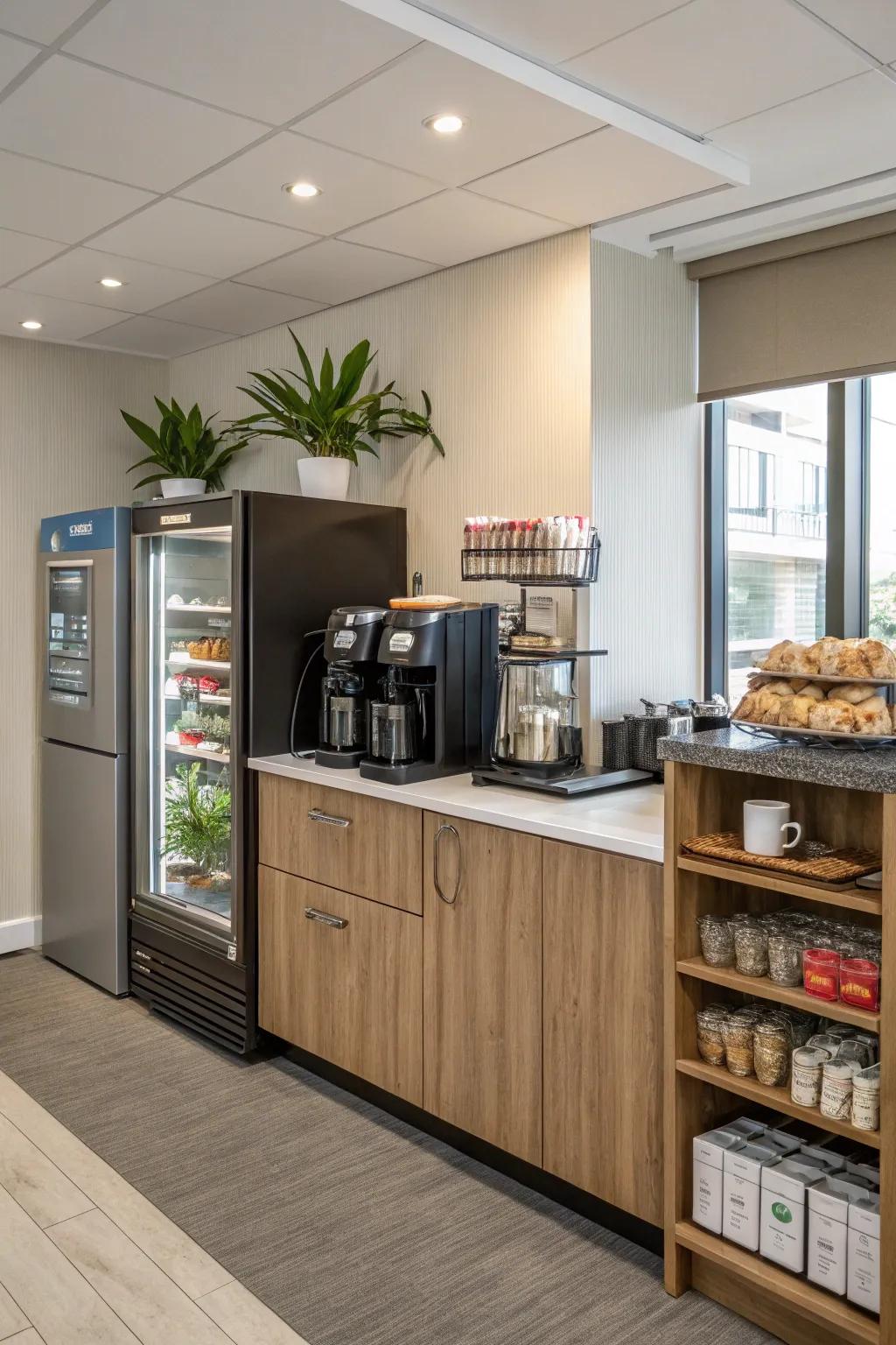 A kitchenette transforms break time into a comforting experience.