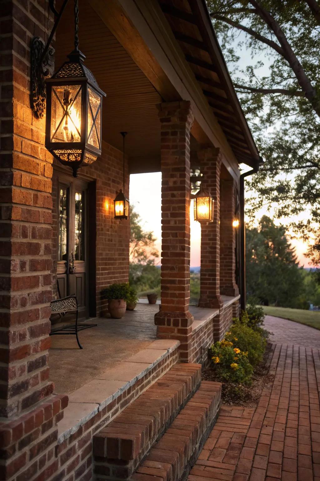 Lanterns emit a cozy glow, turning this brick porch into a nighttime paradise.