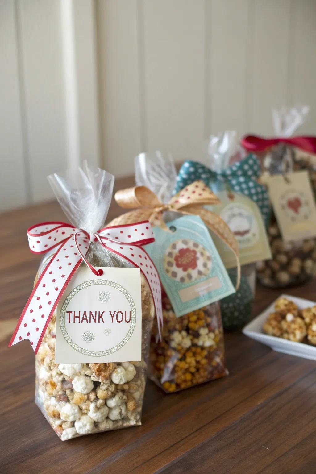 Gourmet kernel pouches for a deliciously playful favor.