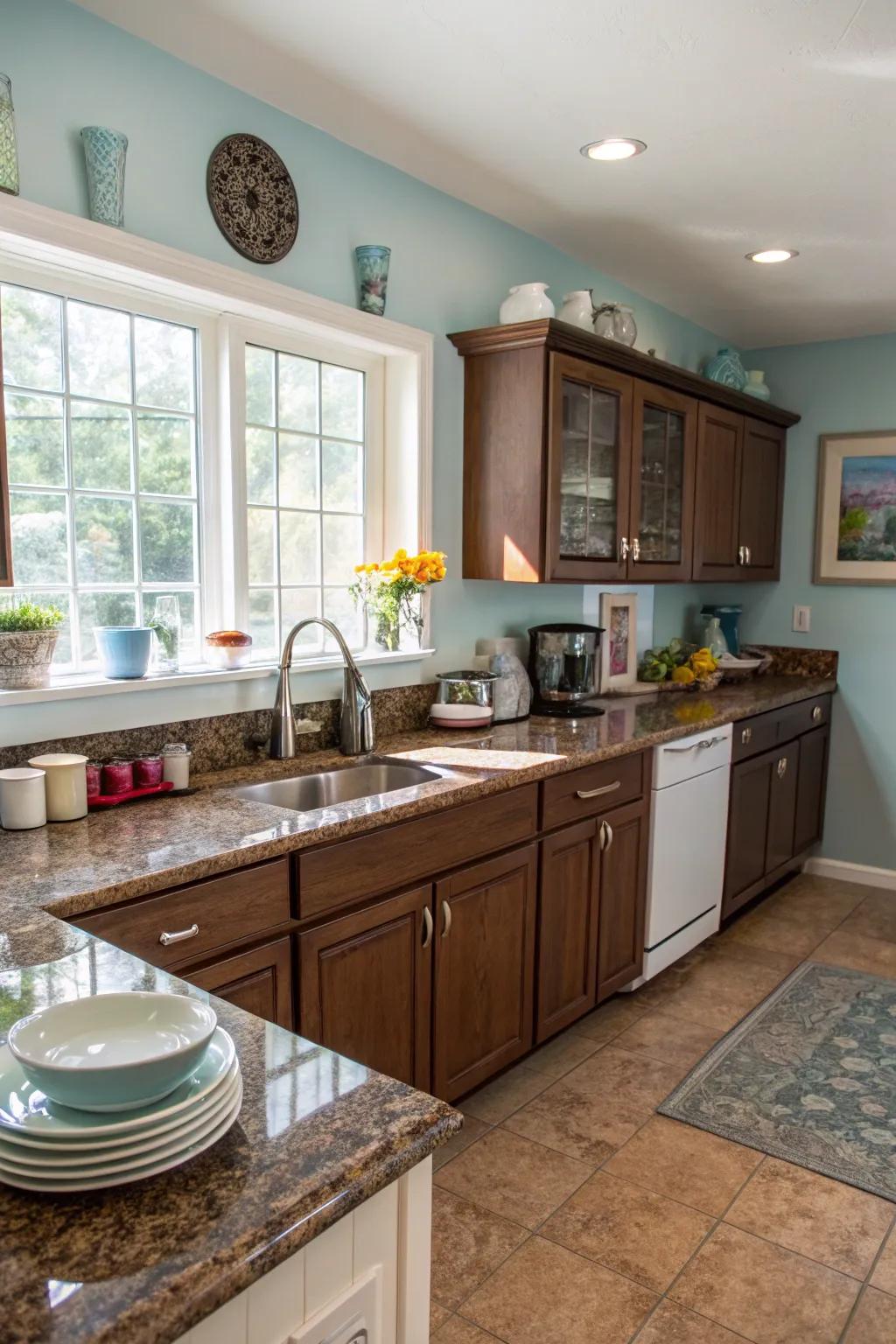 Soft sky introduces a serene contrast to the richness of brunette stone.