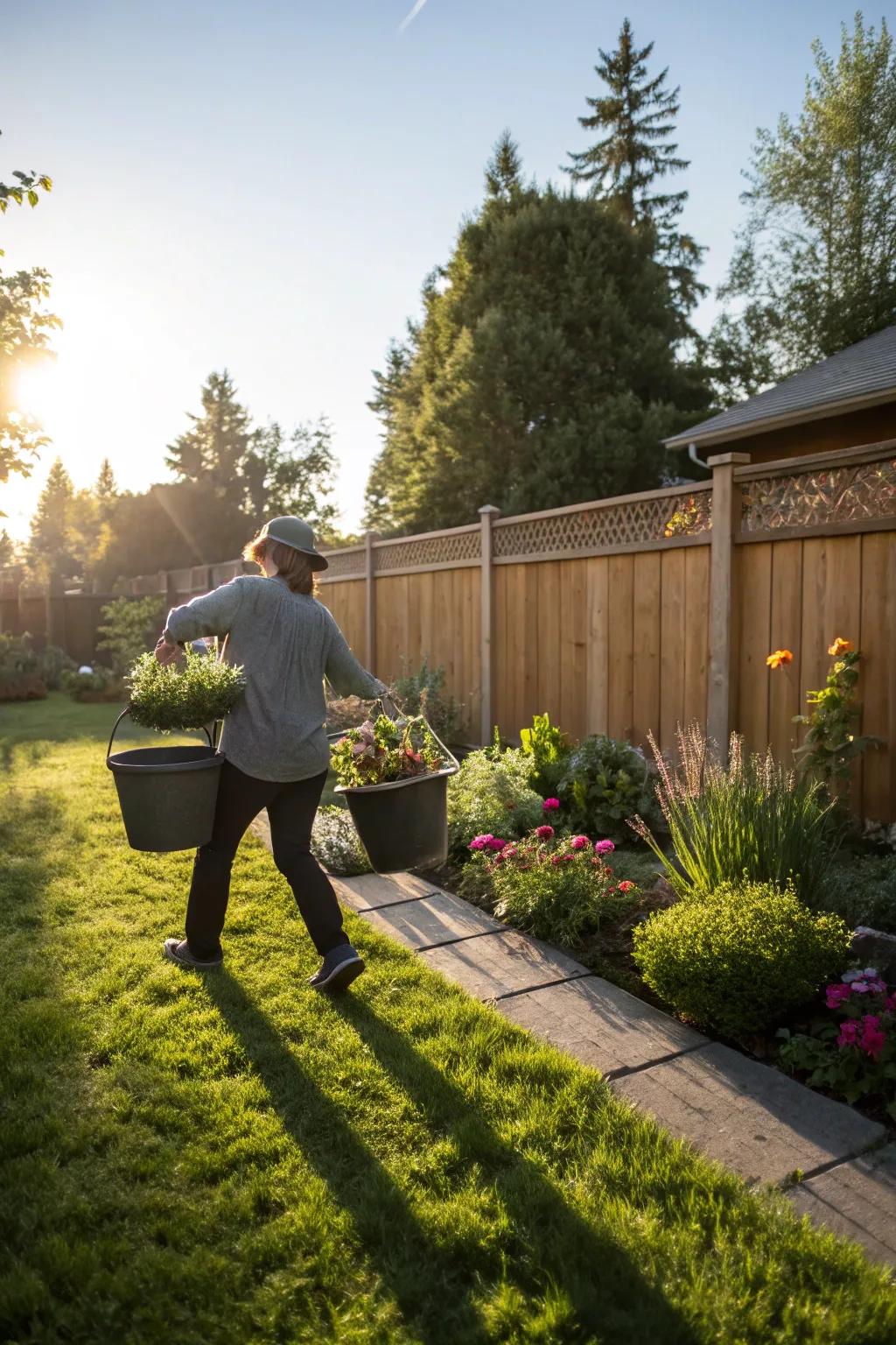 Relocating buckets containing plants for capturing sunlight.