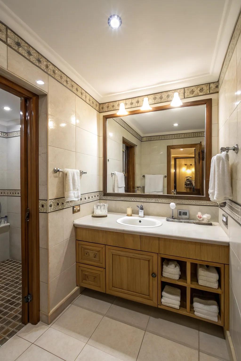 In a compact bathroom, a sizable mirror enhances the impression of spaciousness.