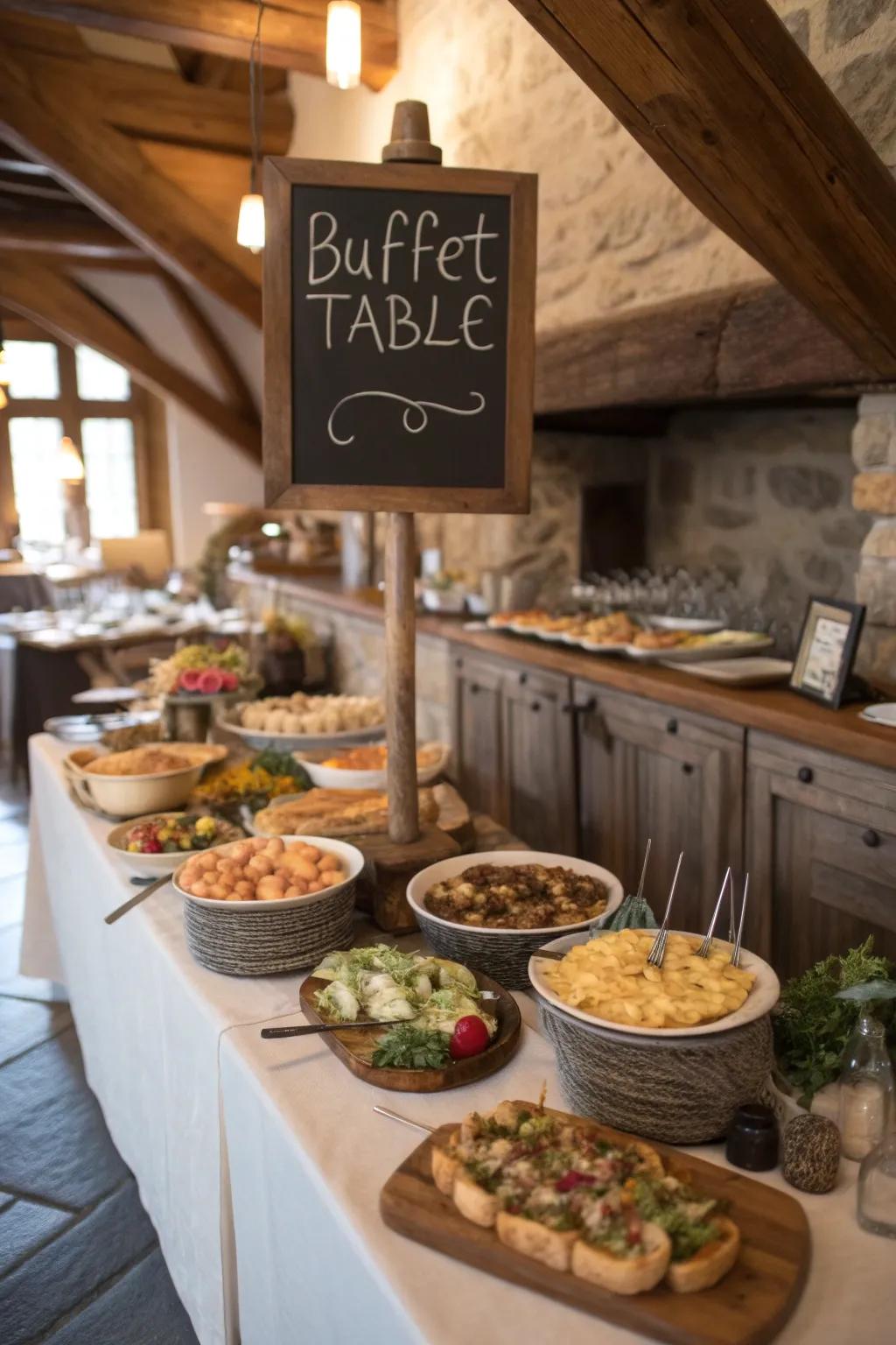 Chalkboard labels bring a touch of charm and clarity to your buffet setup.