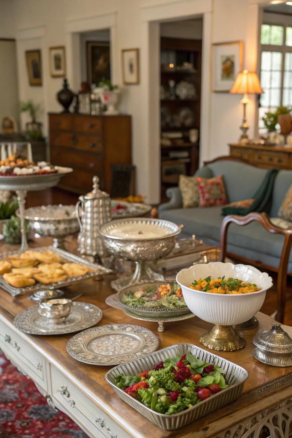 A varied mix of serving ware adds style and character.