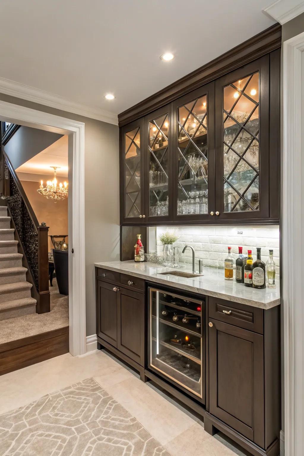 A mirrored backsplash enriches a tight bar space with added dimension and allure.