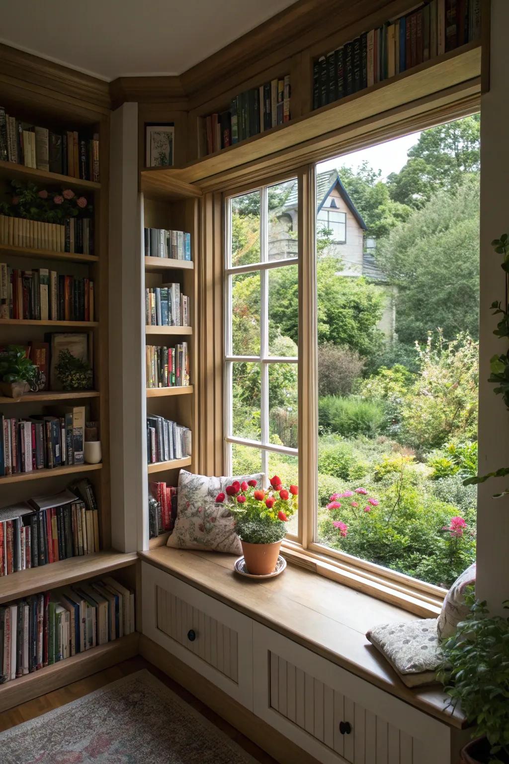 A tranquil reading spot presenting attractive scenery, courtesy of a bay window bookcase.