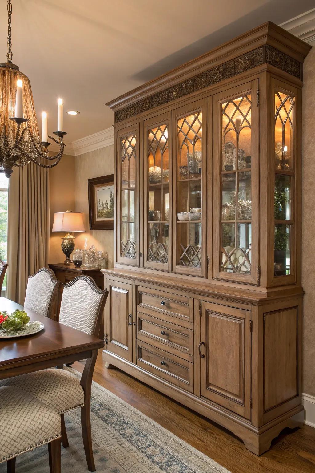 Decorative touches on dining room cabinets add charm and character.