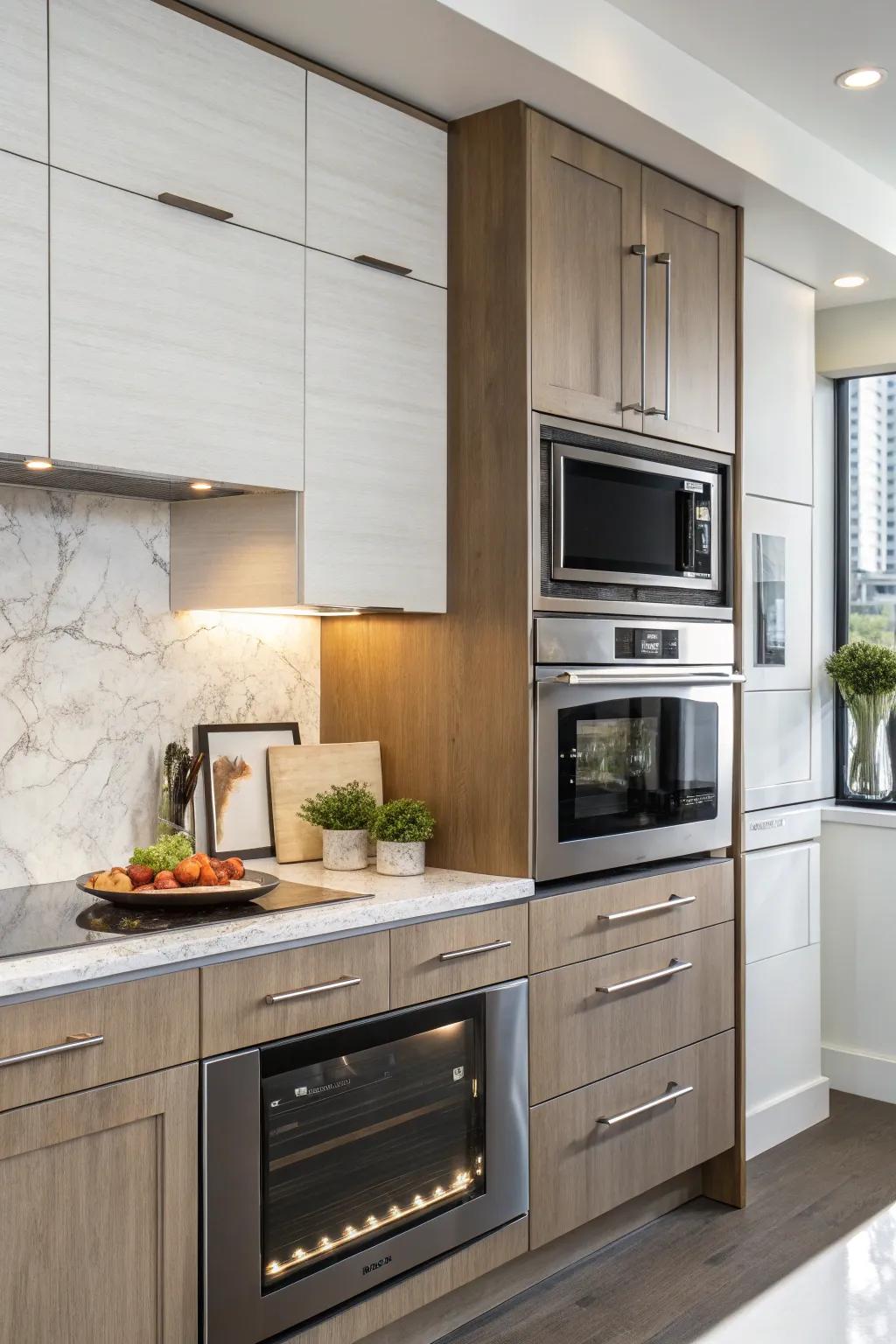 A wall-affixed cooker integrated with high-level cabinets.