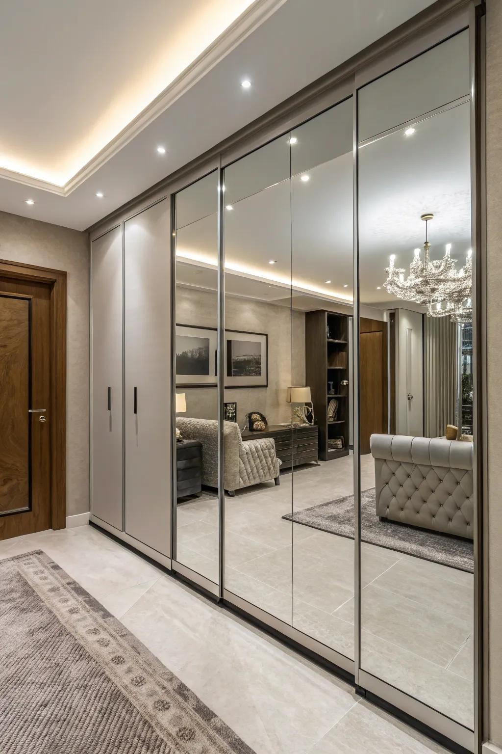 Mirrored wardrobe panels enhance depth and practicality.