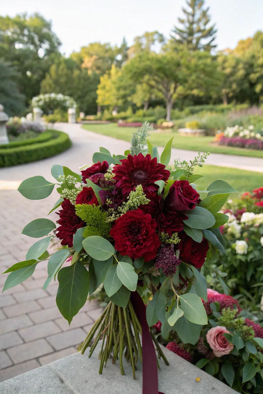 Burgundy bouquet enriched with vibrant green foliage.