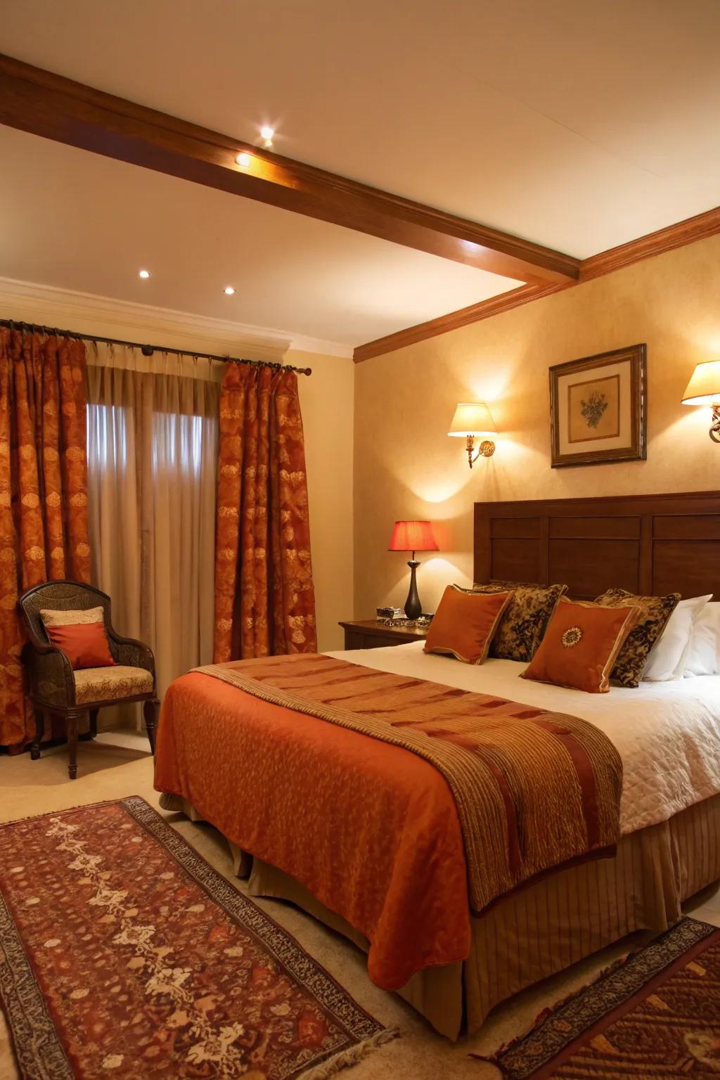 Warm lighting casts a cozy glow, enhancing the inviting atmosphere of the bedroom.