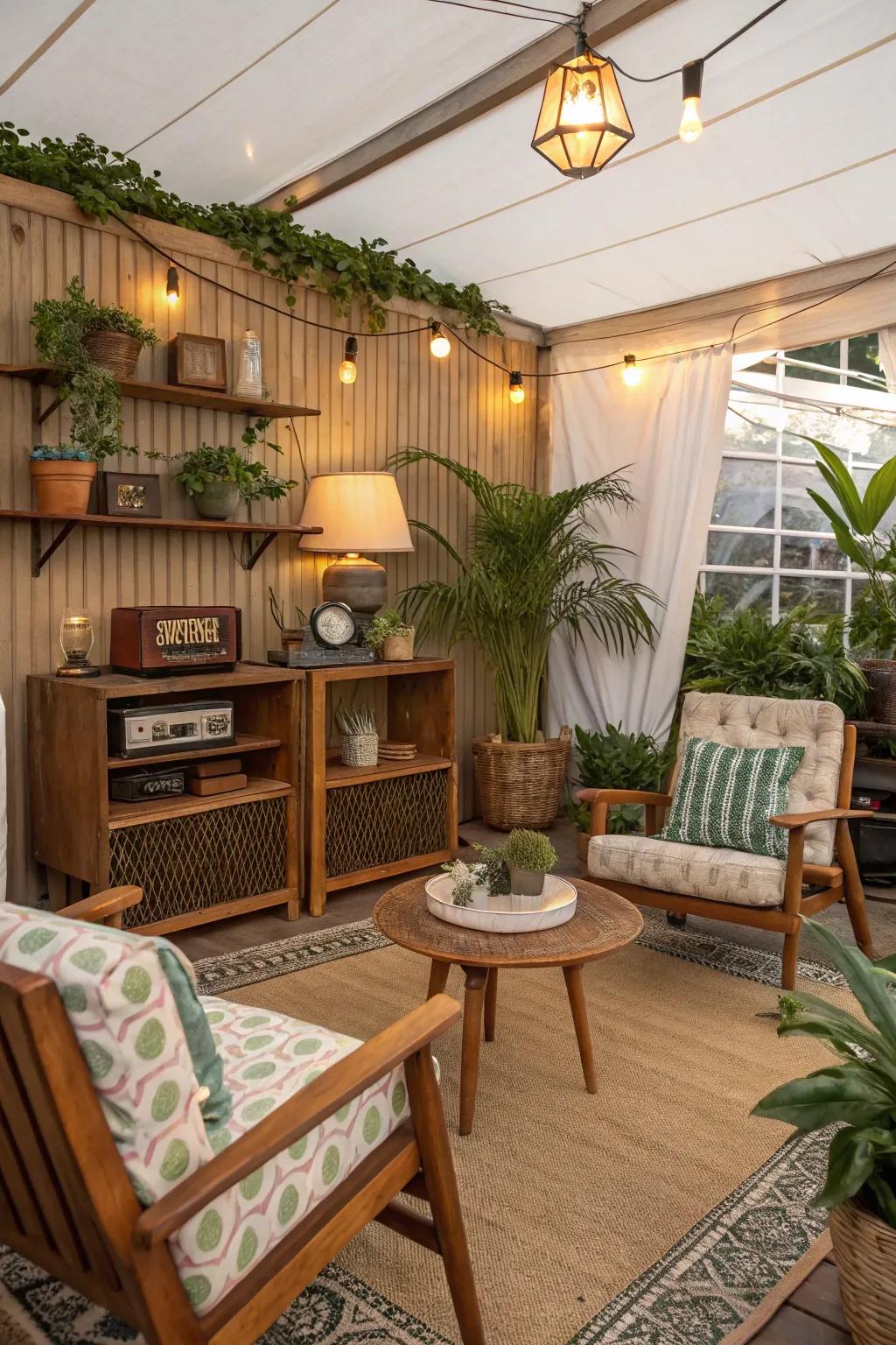 A delightful vintage cabana showcasing nostalgic decor elements.