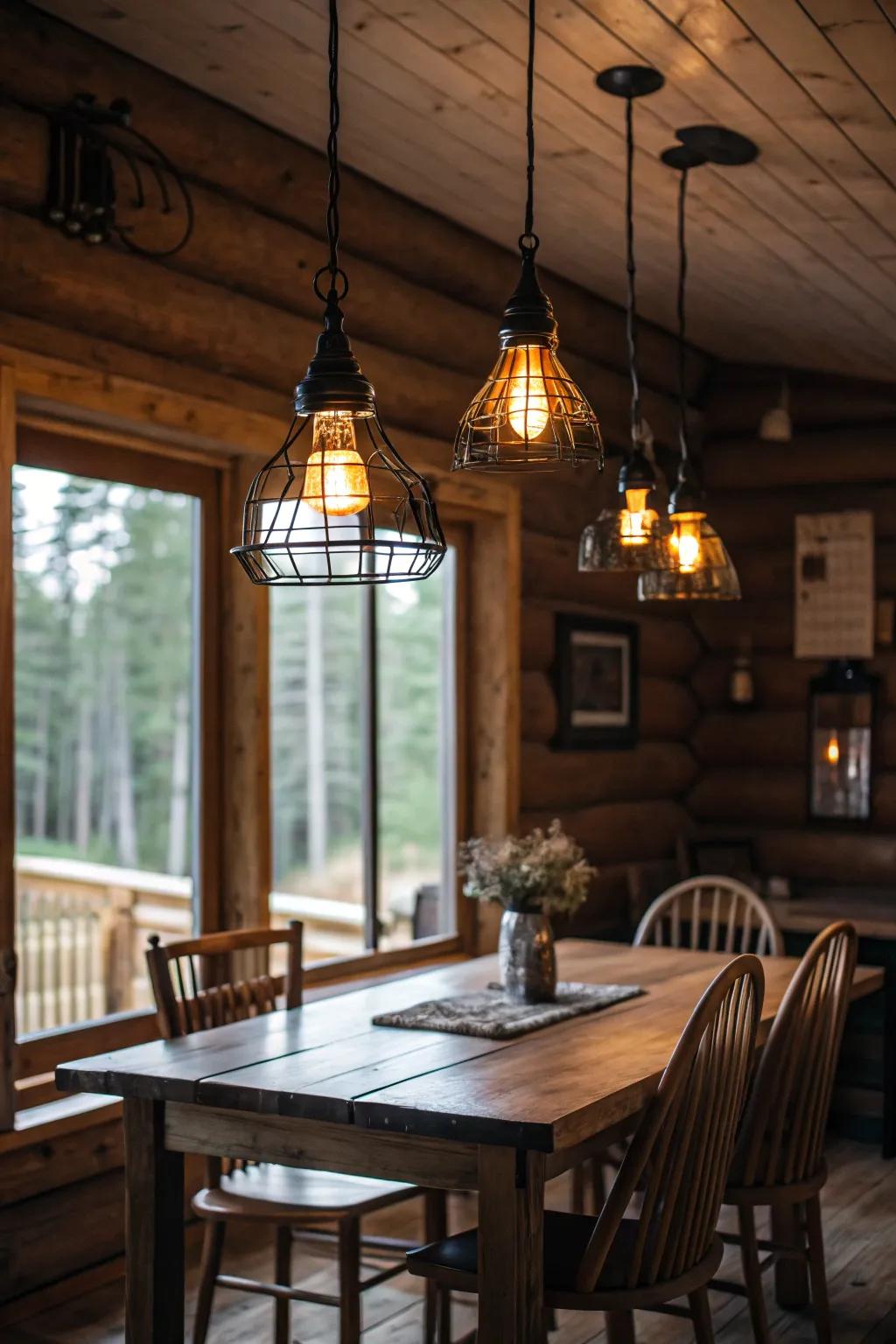 Vintage pendant lights adding nostalgic charm to a cabin dining area.