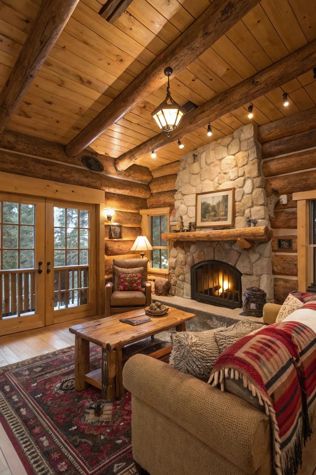 Natural wood accents add authenticity to this charming cabin living area.