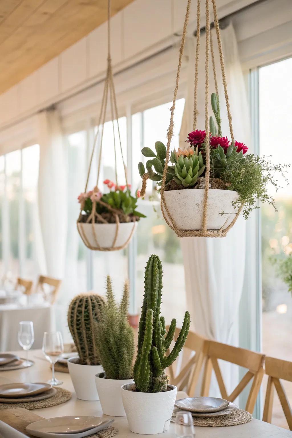 Suspended cacti manifest an enchanting, hovering garden impression.