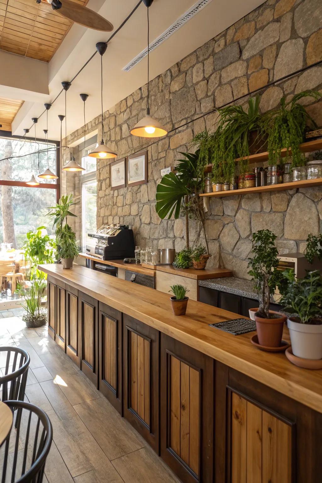 A cafe kitchen styled with natural components to foster an inviting, cozy environment.