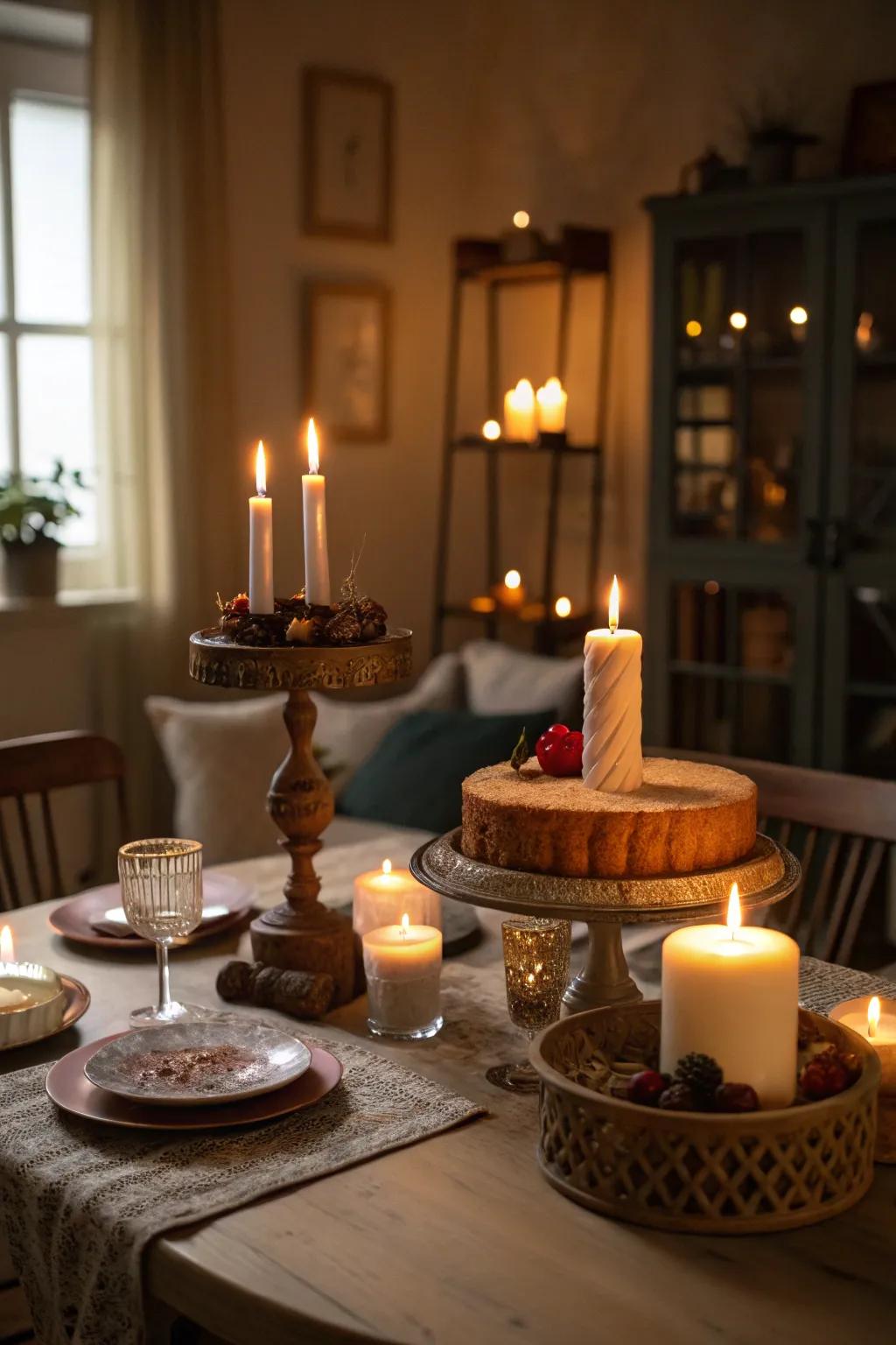Candles on a cake stand enhance the ambiance with a warm glow.