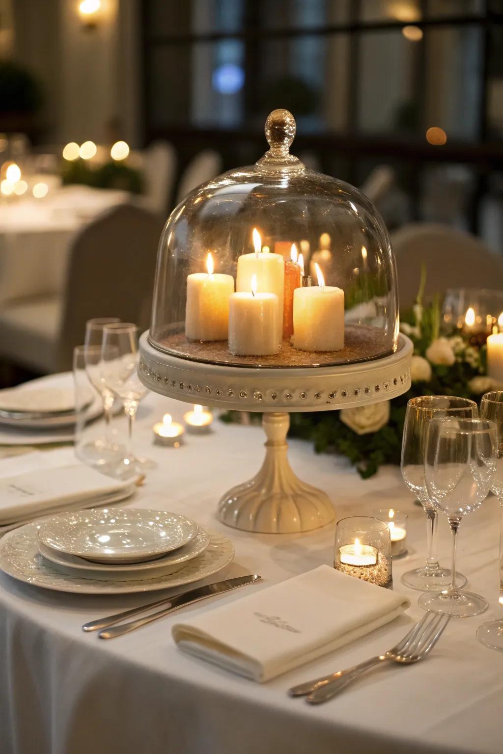 Produce a sentimental dining moment using a candlelit dome as a table centerpiece.