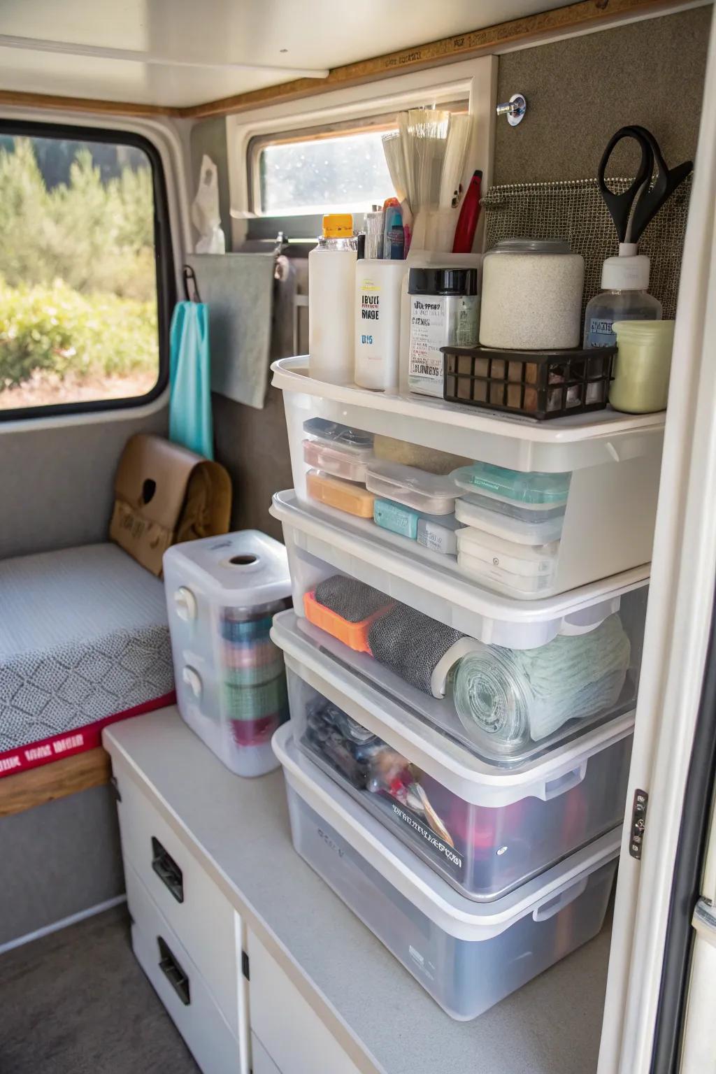 Tiny holders help arrange smaller items inside a tiny washroom.