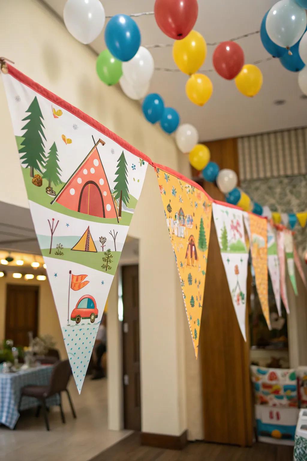 Custom camping-themed birthday banners make a statement.